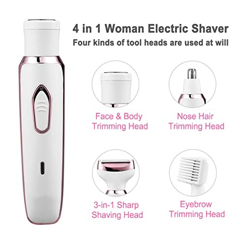 4 in 1 woman electric shaver with interchangeable heads for face, body, nose, and eyebrows.