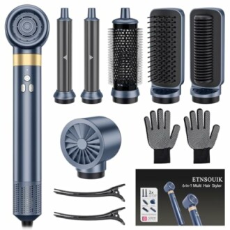 6-in-1 hair styling tool set with attachments and gloves.