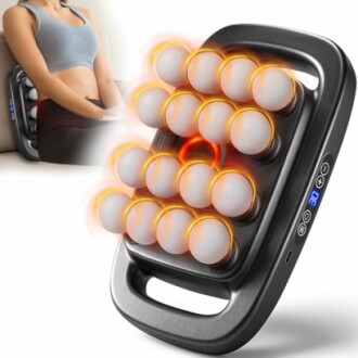 Portable back massager with heat and multiple rotating nodes.