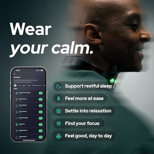 Man wearing relaxation device with app interface and benefits listed.