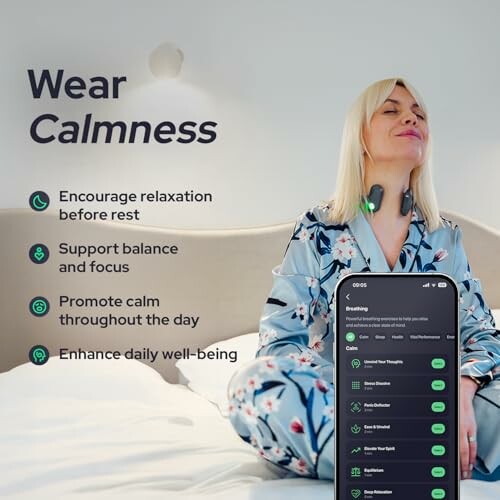 Person using wearable device for relaxation and focus benefits.