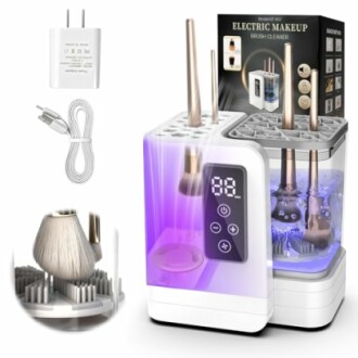 Electric makeup brush cleaner with digital display and accessories.