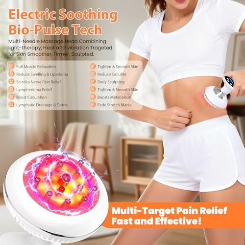 Person using electric soothing bio-pulse device on abdomen for pain relief.