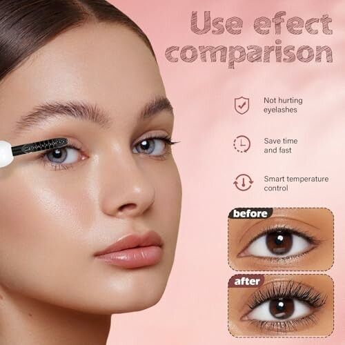 Woman applying mascara with before and after eyelash comparison.