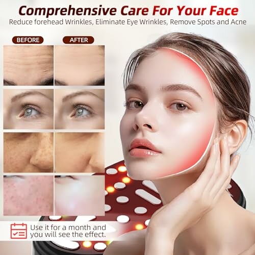 Before and after face care comparison with text promoting skin treatment benefits.