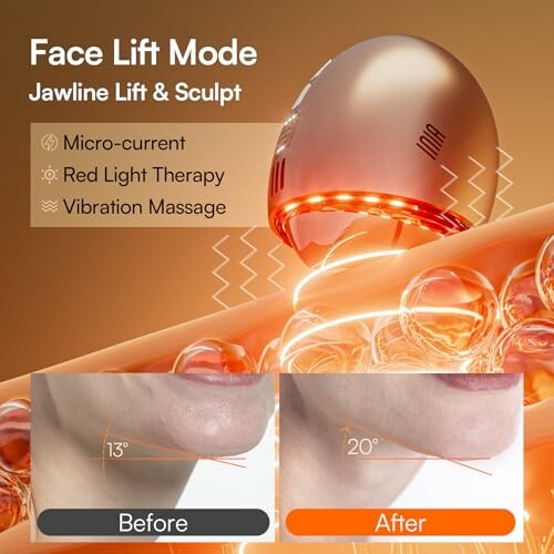 Advertisement for a face lift device with jawline lift and sculpt, showing before and after results.