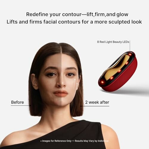 Comparison of facial contour before and after using red light therapy device.