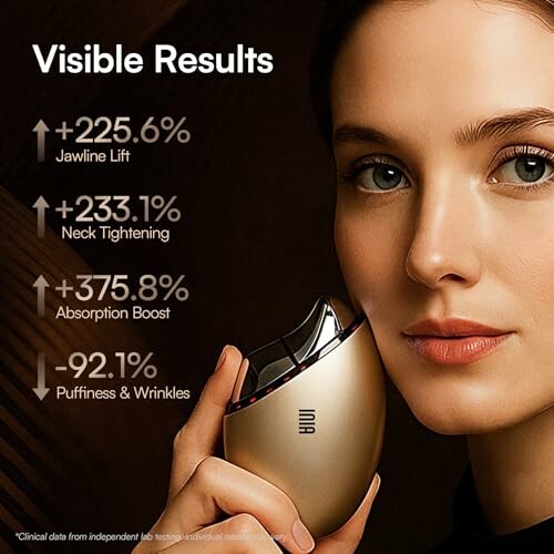 Woman using facial device with visible results statistics displayed.