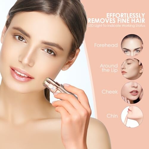 Woman using a facial hair removal device with focus on forehead, lip, cheek, and chin areas.