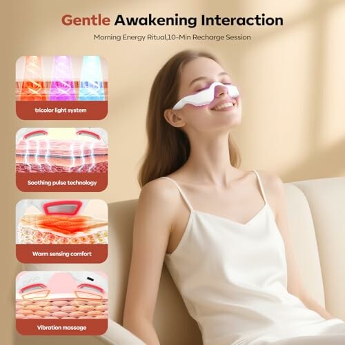 Woman using a facial device with features like light system, pulse technology, warm sensing, and vibration massage.