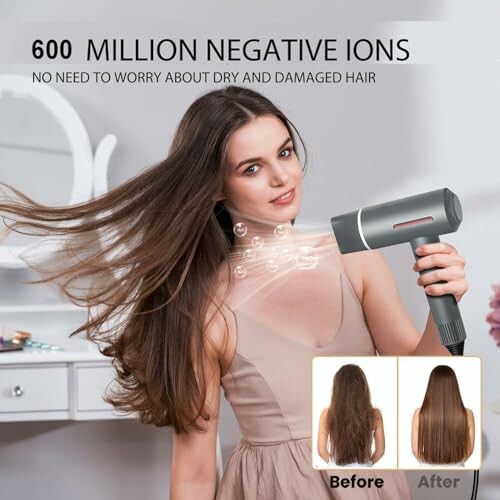 Woman using hair dryer with negative ions for smooth hair, before and after comparison.