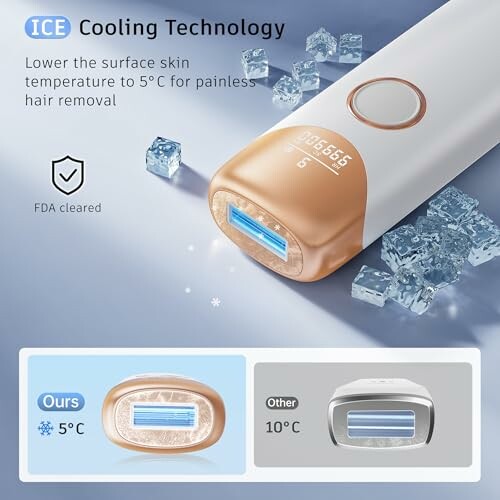 Hair removal device with ice cooling technology for painless use.
