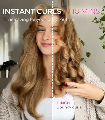 Woman showing instant curls with a curling tool, demonstrating before and after results.