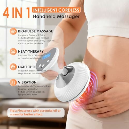 4-in-1 intelligent cordless handheld massager with bio-pulse, heat, light, and vibration therapy features.