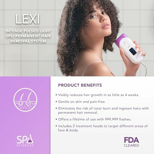Woman using Lexi IPL hair removal device with product benefits listed.