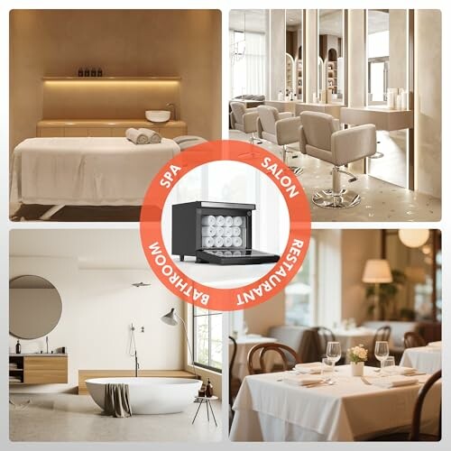 Collage of luxury spa, salon, bathroom, and restaurant interiors.