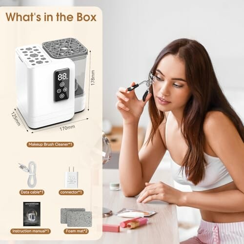 Woman using makeup brush cleaner with listed items in the box.