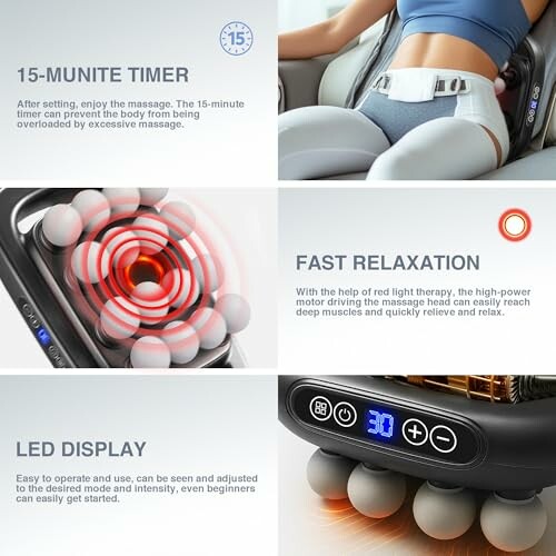 Massage chair features including 15-minute timer, fast relaxation with red light therapy, and LED display.