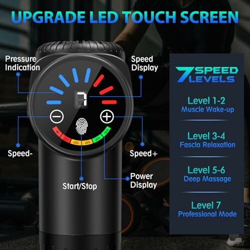 Massage gun with LED touch screen displaying speed and power levels.