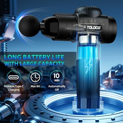 Massage gun with long battery life and features displayed.