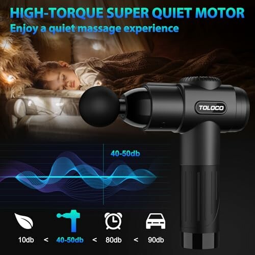 Massage gun with high-torque super quiet motor next to sleeping child.