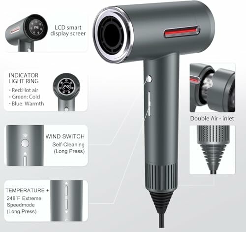 Modern hair dryer with LCD screen, indicator lights, wind switch, and temperature control.