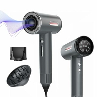 Modern hair dryer with digital display and attachments.