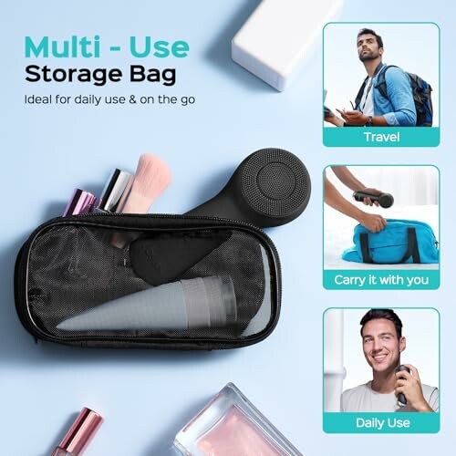 Multi-use storage bag with various items and travel photos.