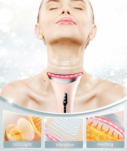 Woman using neck massager device with LED light, vibration, heating features.