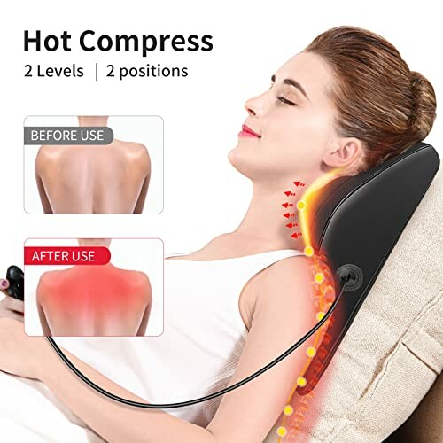 Woman using a neck massager with hot compress feature, showing before and after use images.