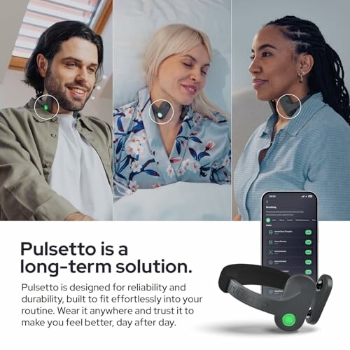 People using Pulsetto relaxation device with app interface.