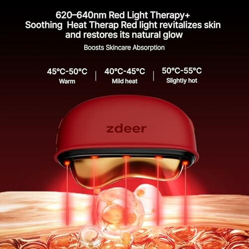 Red light therapy device for skincare with temperature settings.