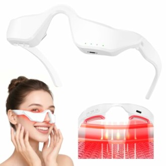 Woman wearing a red light therapy eye mask with a close-up of the device.
