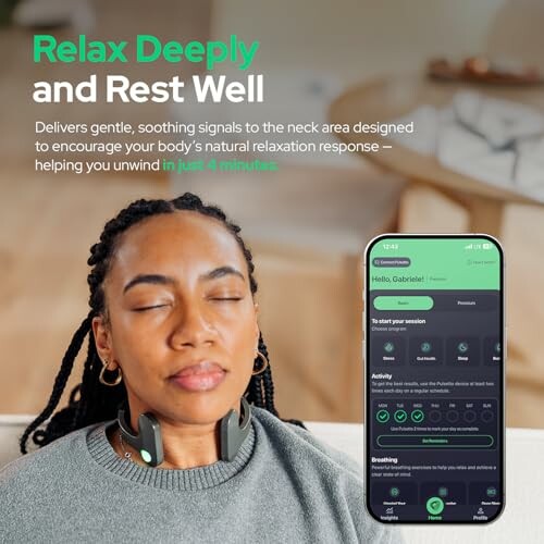 Person using a relaxation device with a mobile app interface displayed.
