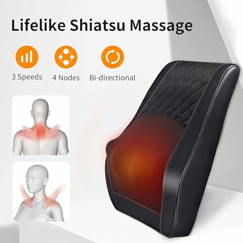 Lifelike Shiatsu Massage Chair with 3 speeds, 4 nodes, bi-directional function, and illustrations of neck and shoulder massage.