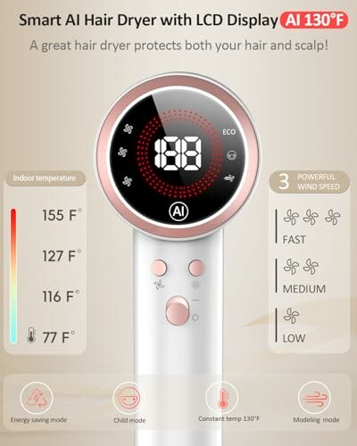 Smart AI hair dryer with LCD display and temperature settings