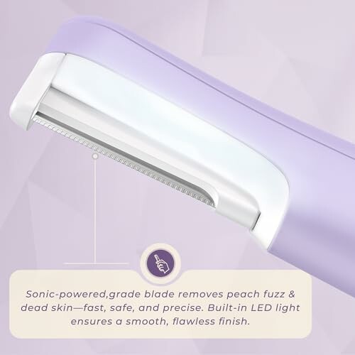 Sonic-powered device with blade for peach fuzz removal, featuring built-in LED light.