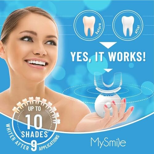 Smiling woman holding teeth whitening device with before and after images.
