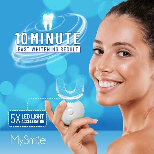 Woman holding a teeth whitening device with promotional text for fast results.