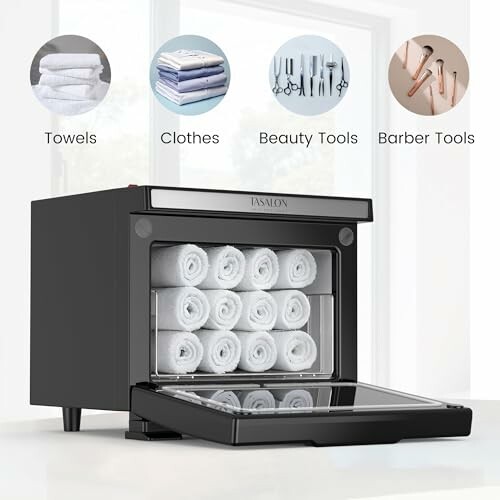 Towel warmer with towels inside and icons for towels, clothes, beauty tools, and barber tools.