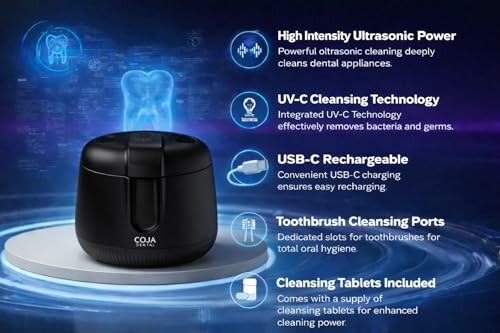 Ultrasonic toothbrush cleaner with features like UV-C cleansing, USB-C rechargeable, and cleansing tablets.