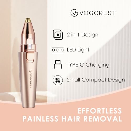 Vogcrest painless hair removal device with features listed.