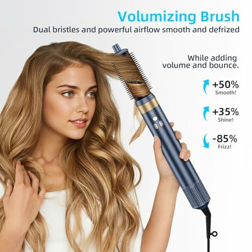Woman using a volumizing brush with dual bristles for smooth, defrizzed hair, adding volume and bounce.